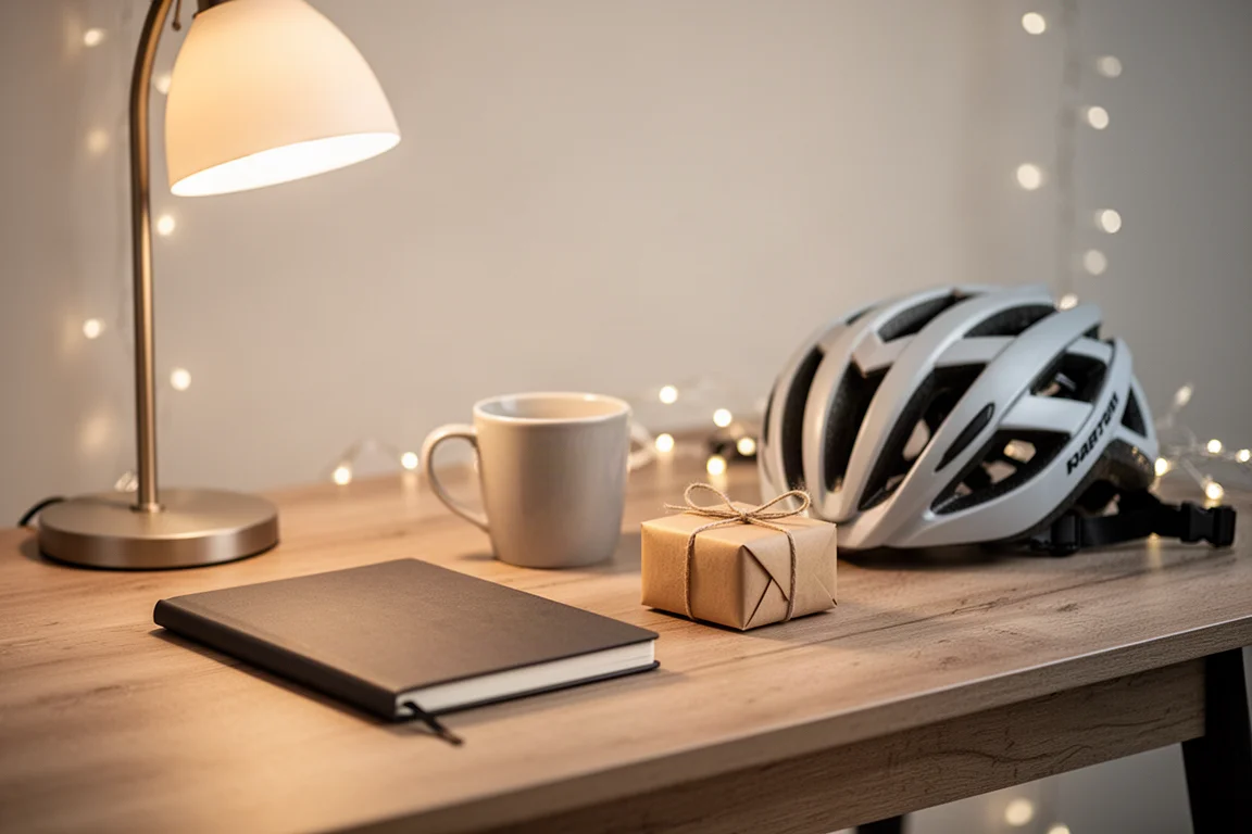 Mesa com caderno, caneca e pacote embrulhado ao lado de um capacete de bicicleta e pisca-pisca