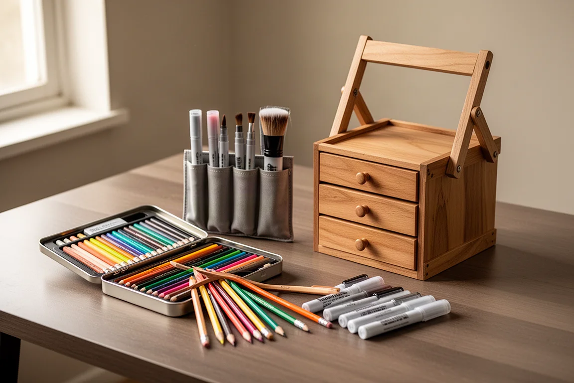 Art supplies arranged on a wooden desk including colored pencils, markers, and a storage box