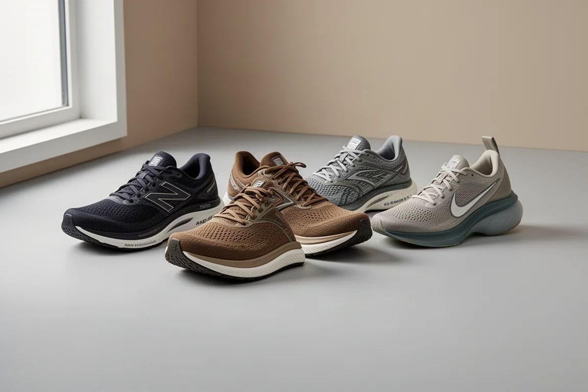 Four running shoes of different styles arranged in a row on a grey surface