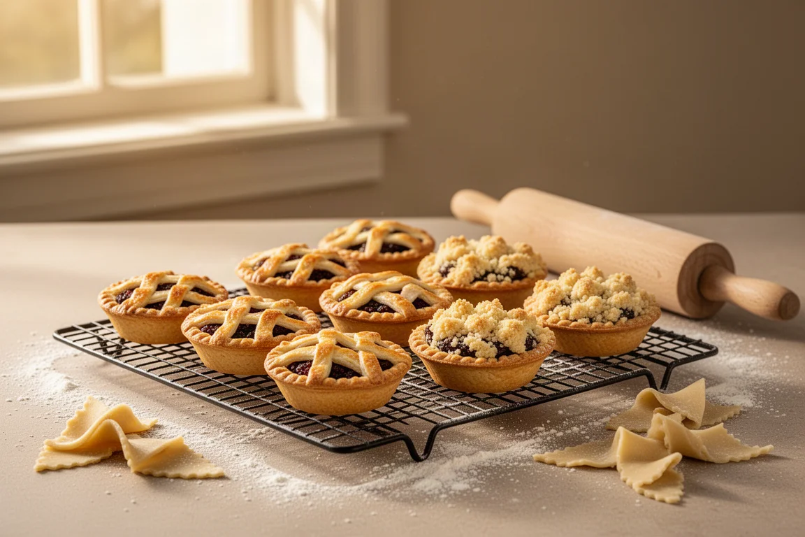 Świeżo upieczone mince pies na kratce do studzenia w ciepłej kuchni