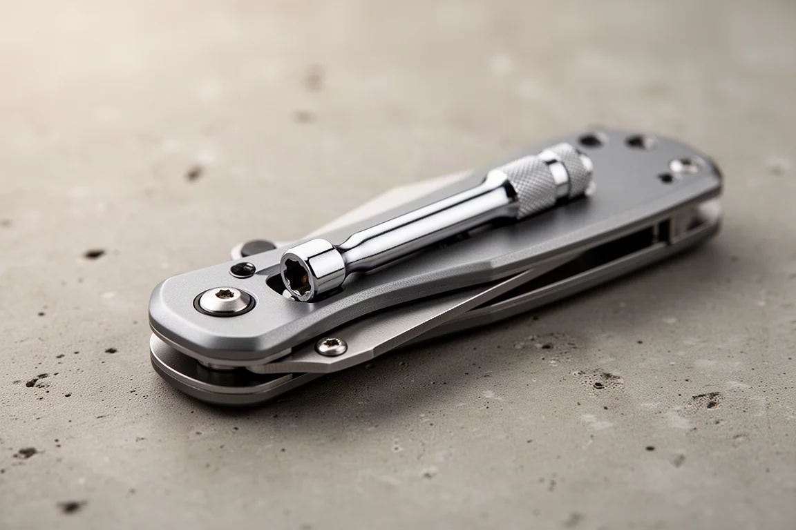 Mikro-Ratschenschlüssel bündig in den Griff eines Klappmesser-Multitools mit Bitaufnahme eingesetzt