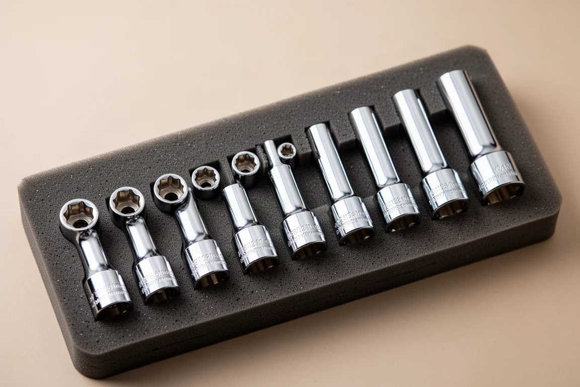 Zehn verchromte Drehmomentadapter in einer Schaumstoffschale aufgereiht, metrische Größen von 10mm bis 19mm