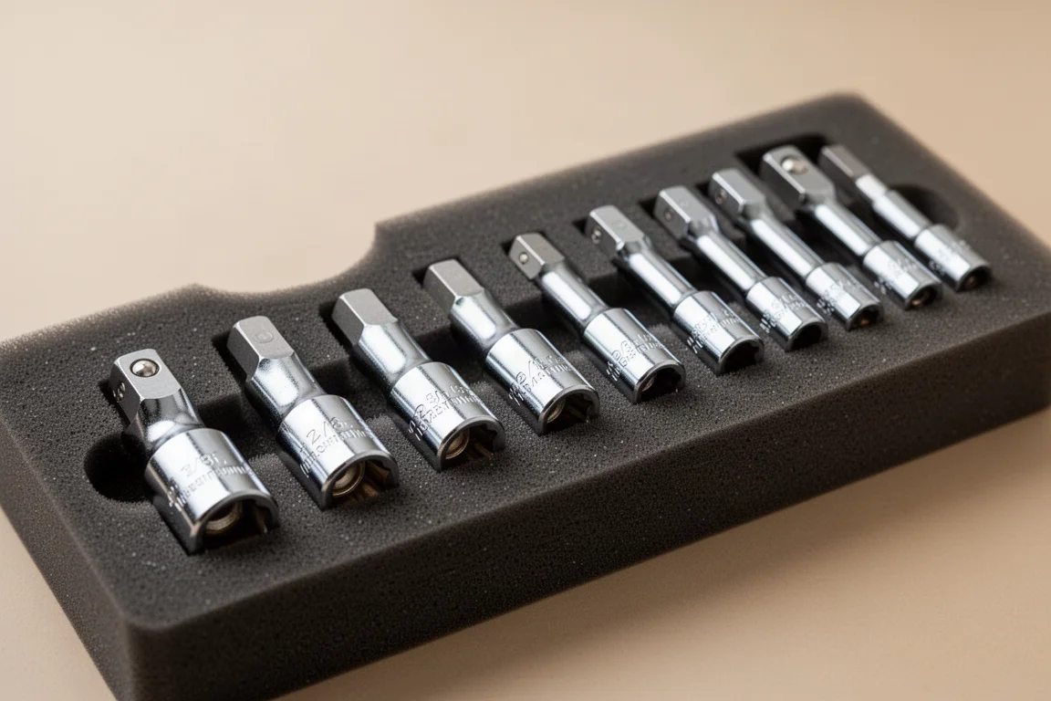 Dieci adattatori per coppille cromati allineati in un vassoio in schiuma con misure metriche da 10 mm a 19 mm