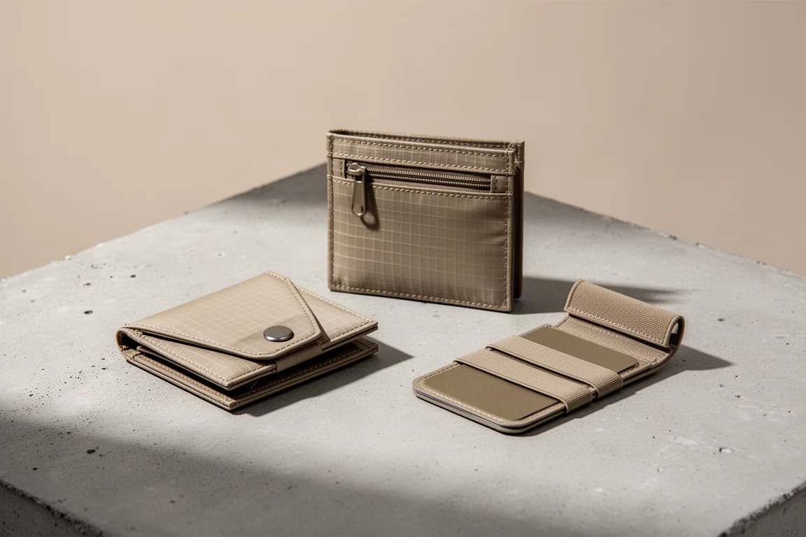 Three minimalist Chums fabric wallets arranged on a concrete surface