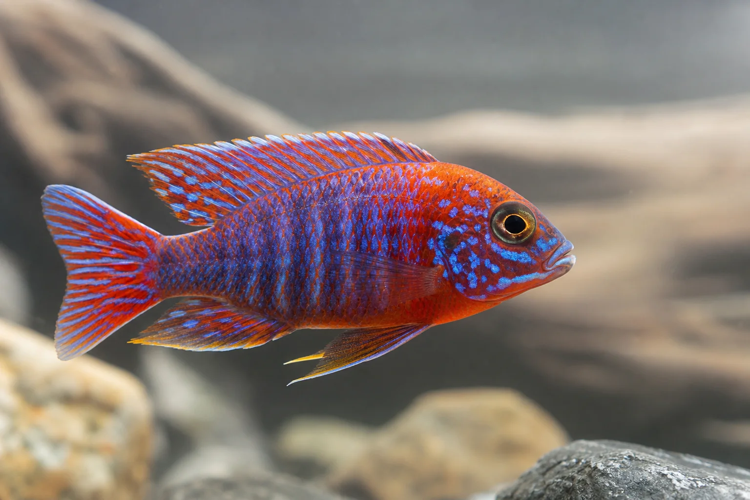 Ciclidi sani che nuotano in acqua limpida e stabile con colorazione naturale