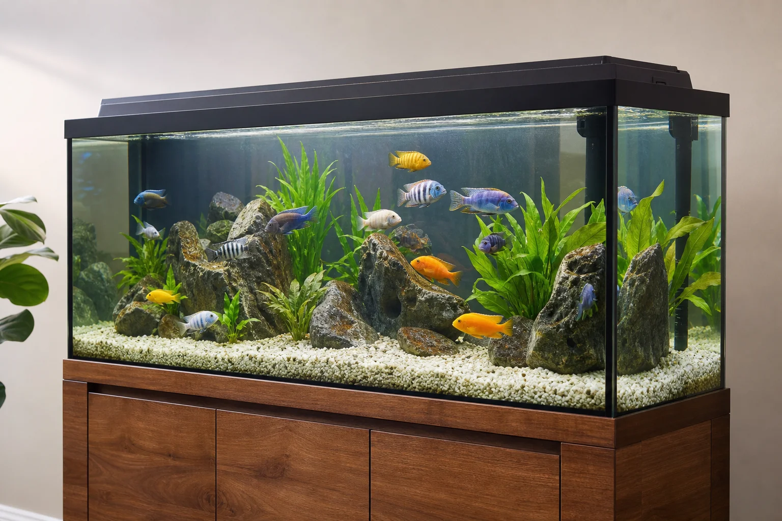 Acquario per ciclidi da 90 galloni con substrato di ghiaia di marmo e pesci colorati
