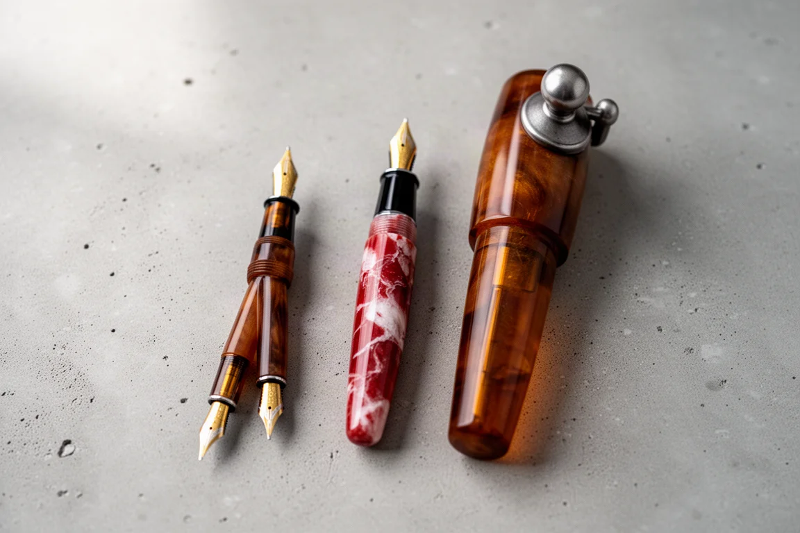 Trois stylos plume découverts, posés côte à côte pour comparaison de taille sur une surface neutre