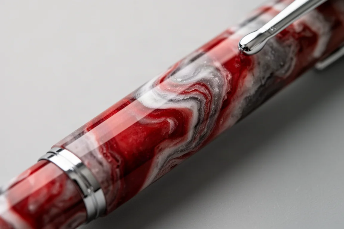Gros plan sur le corps d'un stylo plume à effet marbré rouge et blanc sous une lumière douce