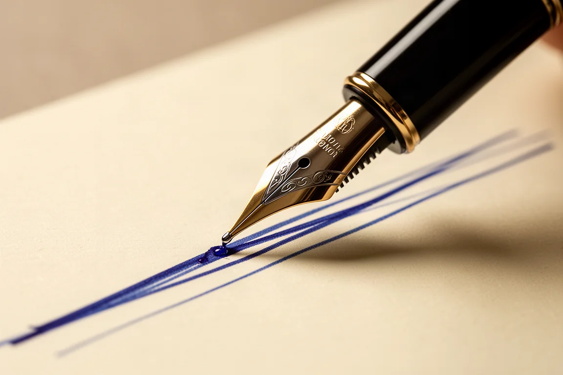Gros plan sur une plume de stylo avec des traits d'encre bleue fraîchement écrits et humides sur le papier