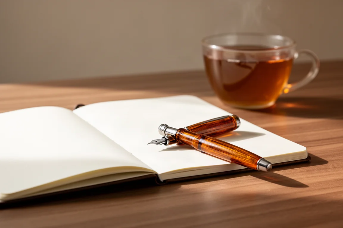 Scène de bureau d'écriture avec stylo plume, carnet et lumière chaude de l'après-midi