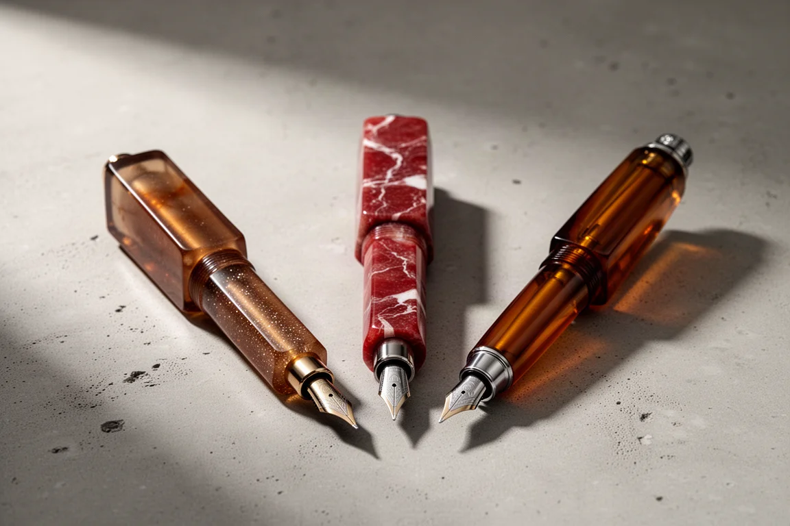 Three squared-profile fountain pens arranged on a concrete surface