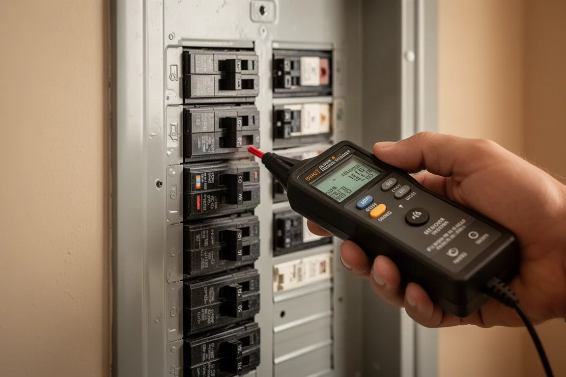 Odbiornik wykrywacza wyłączników przesuwany po domowej skrzynce elektrycznej