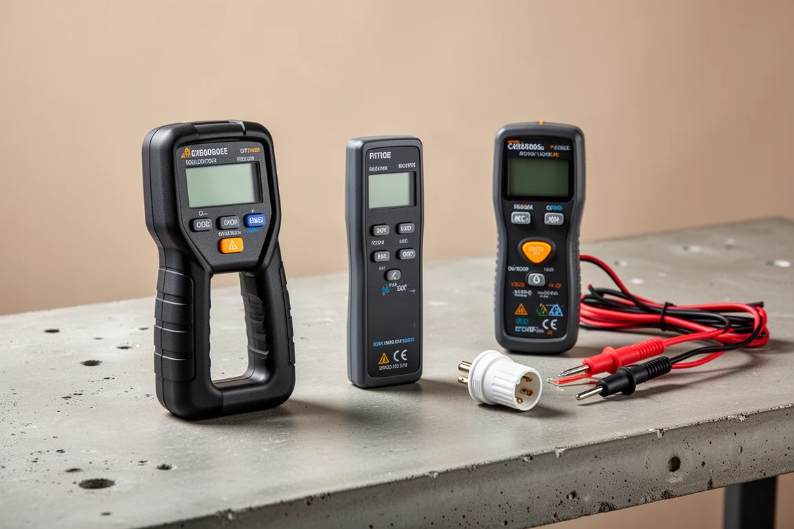 Three circuit breaker finder devices arranged on a concrete workbench