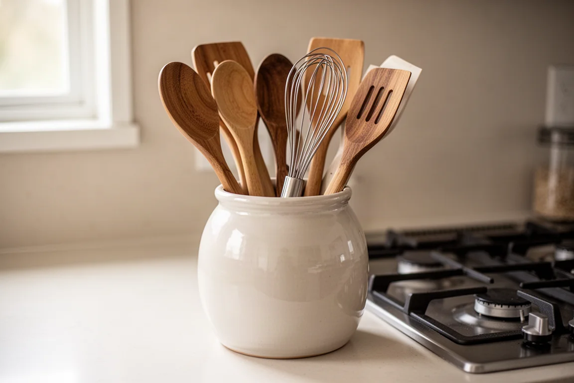 Round ceramic utensil crock on a counter holding an assortment of kitchen tools upright