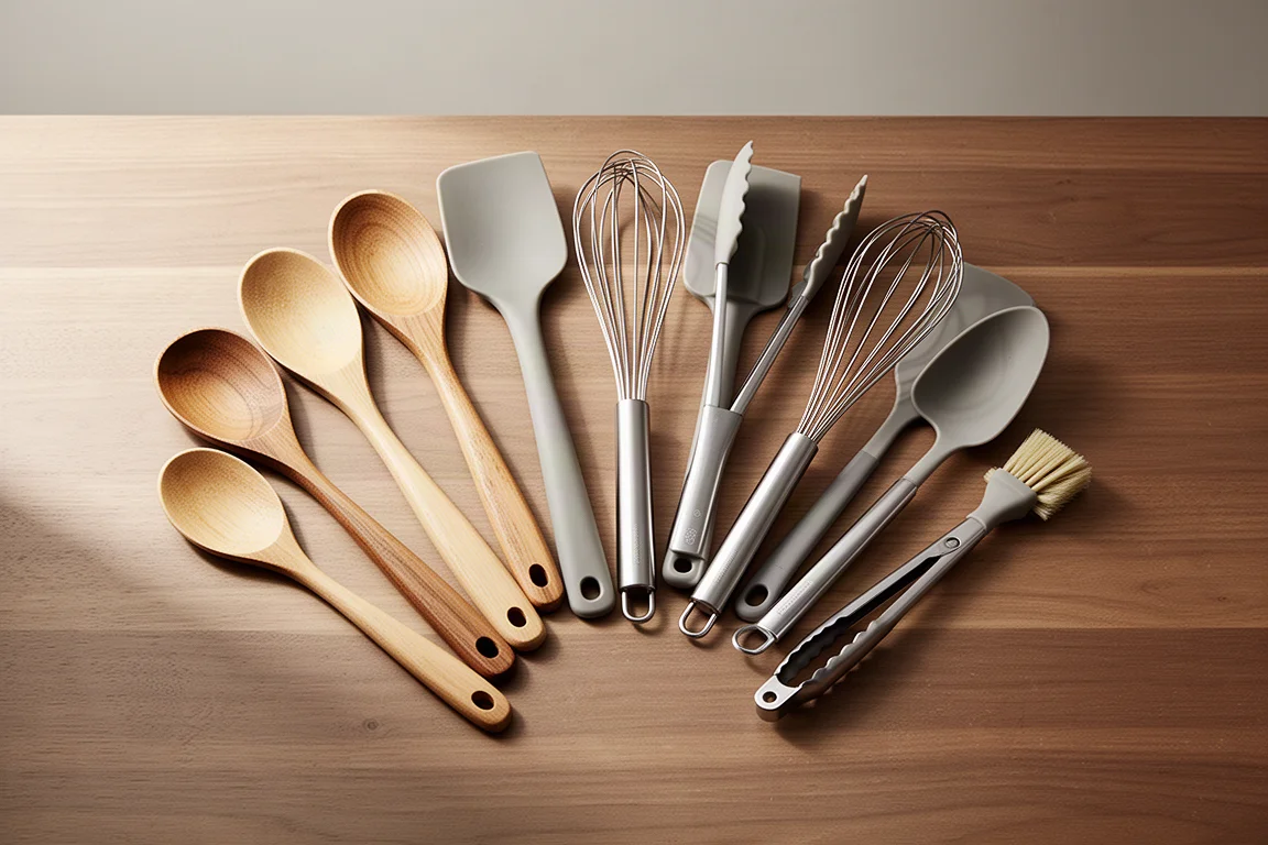 Overhead view of various kitchen utensils laid out on a wooden surface before being loaded into a crock