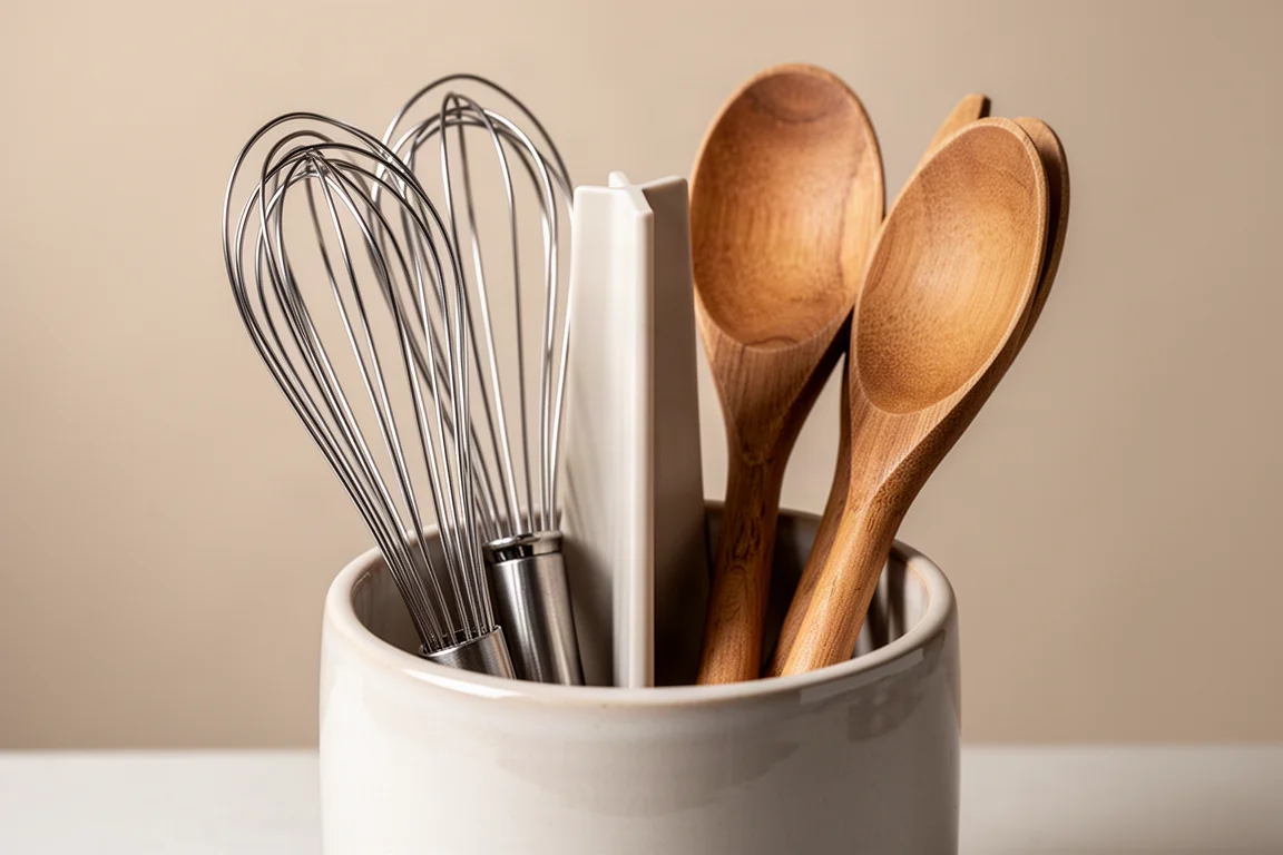 Close-up of a removable divider insert inside a round ceramic crock separating utensils by category