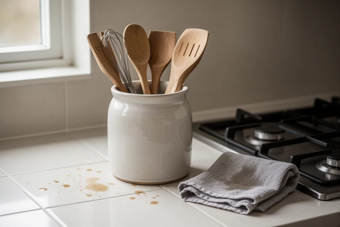 Ceramic utensil crock on a counter being wiped clean with a damp cloth near a stovetop