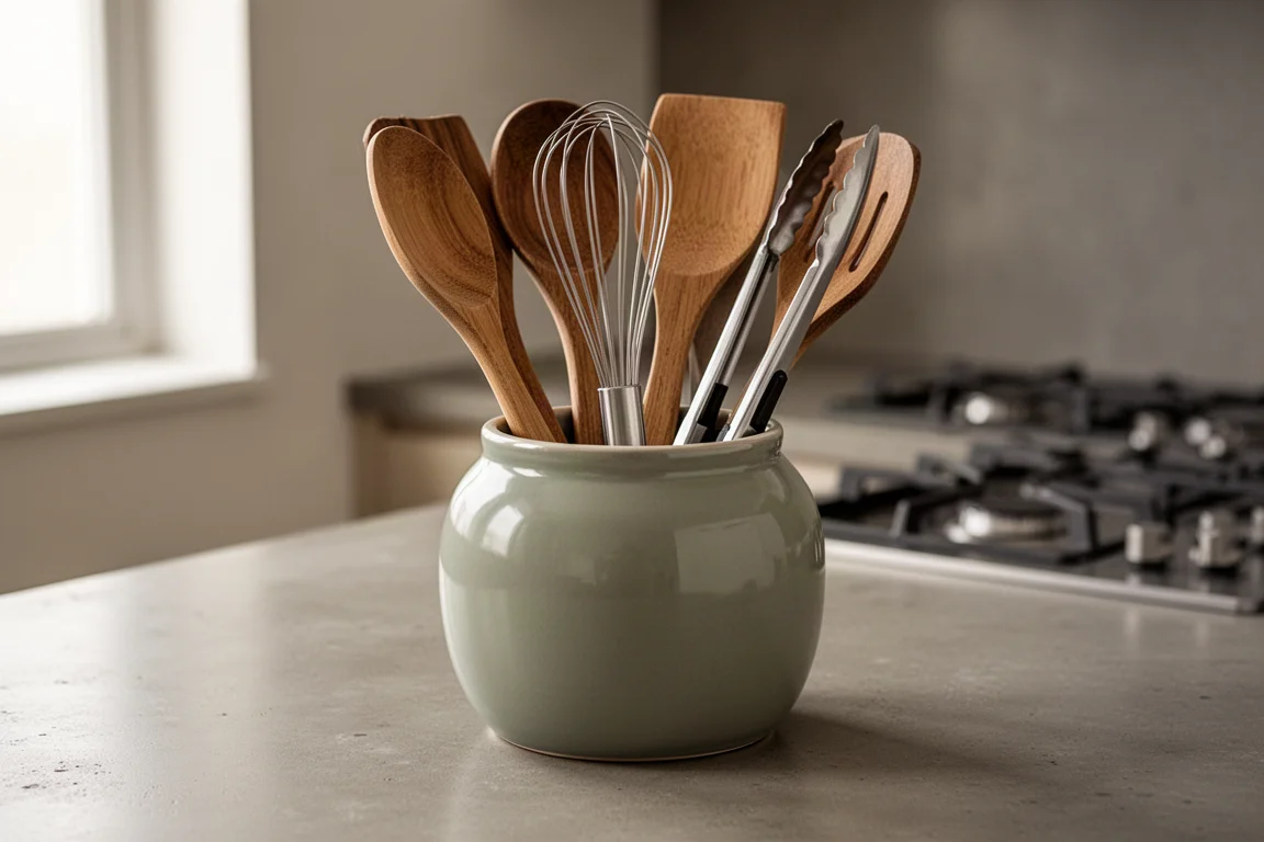 Round ceramic utensil crock filled with upright kitchen tools on a counter