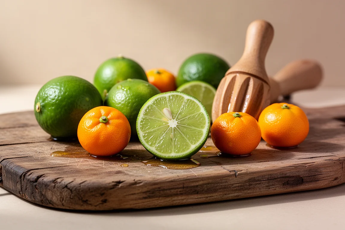 Halverade limefrukter och calamansi på en träskärbräda med saft som glimmar