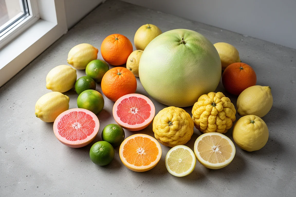 Blandade hela och halverade citrusfrukter arrangerade på en betongyta