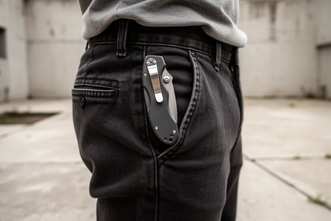 Messer mit Clip an einer Hose in natürlichem Tageslicht
