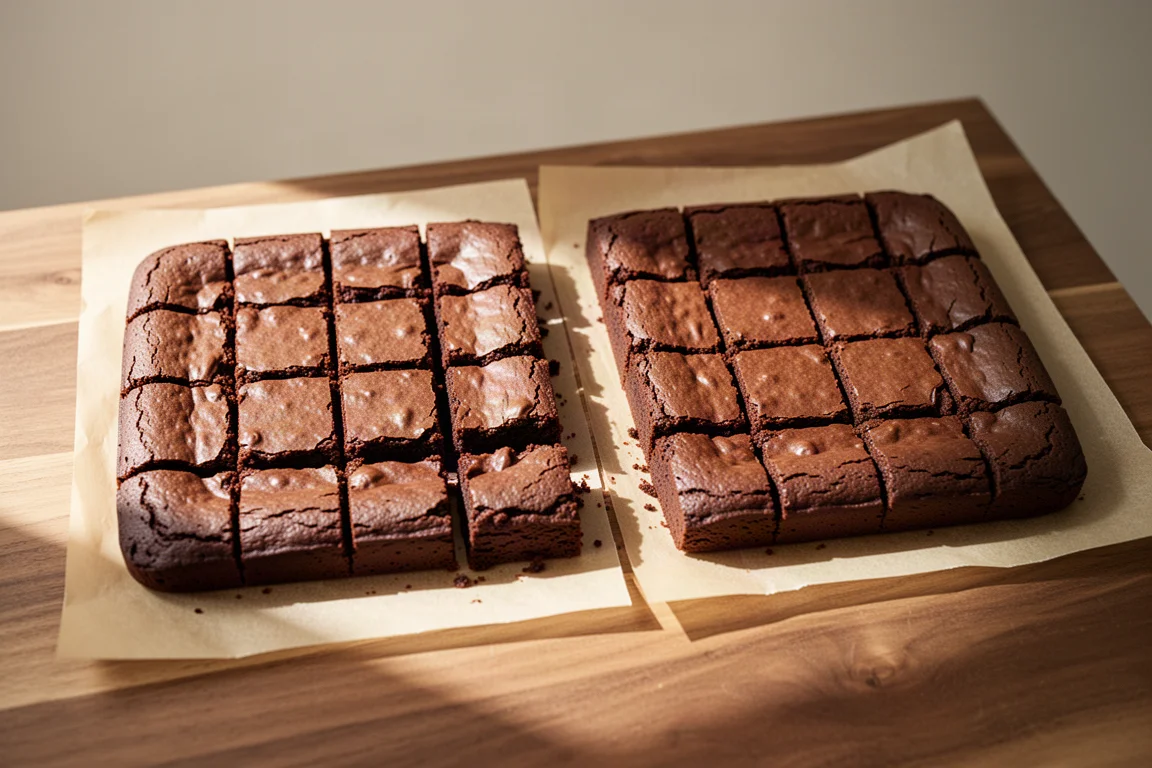 Two batches of chocolate brownies side by side on parchment paper