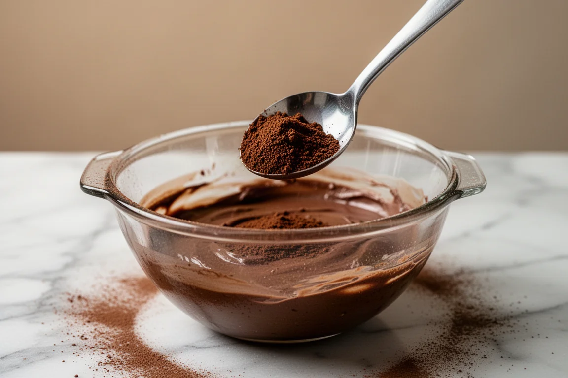Close-up of a teaspoon of dark espresso powder over a mixing bowl