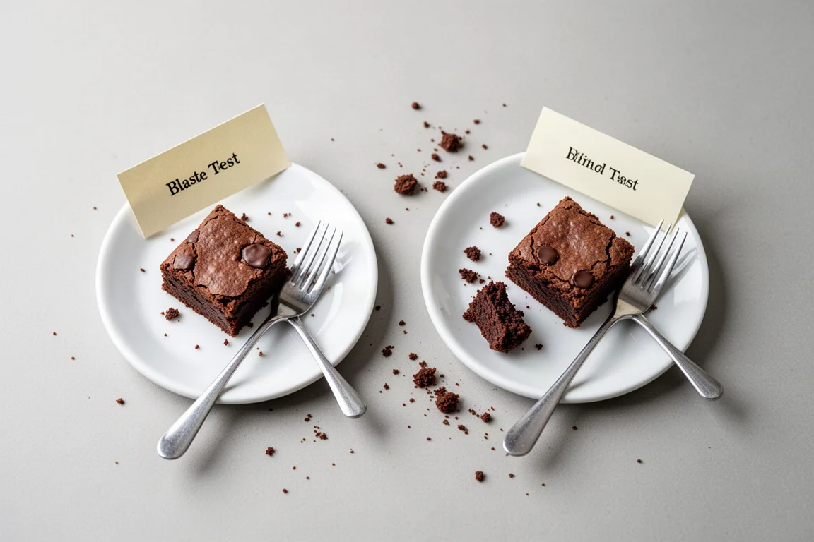 Blind taste test setup with brownie squares on numbered plates