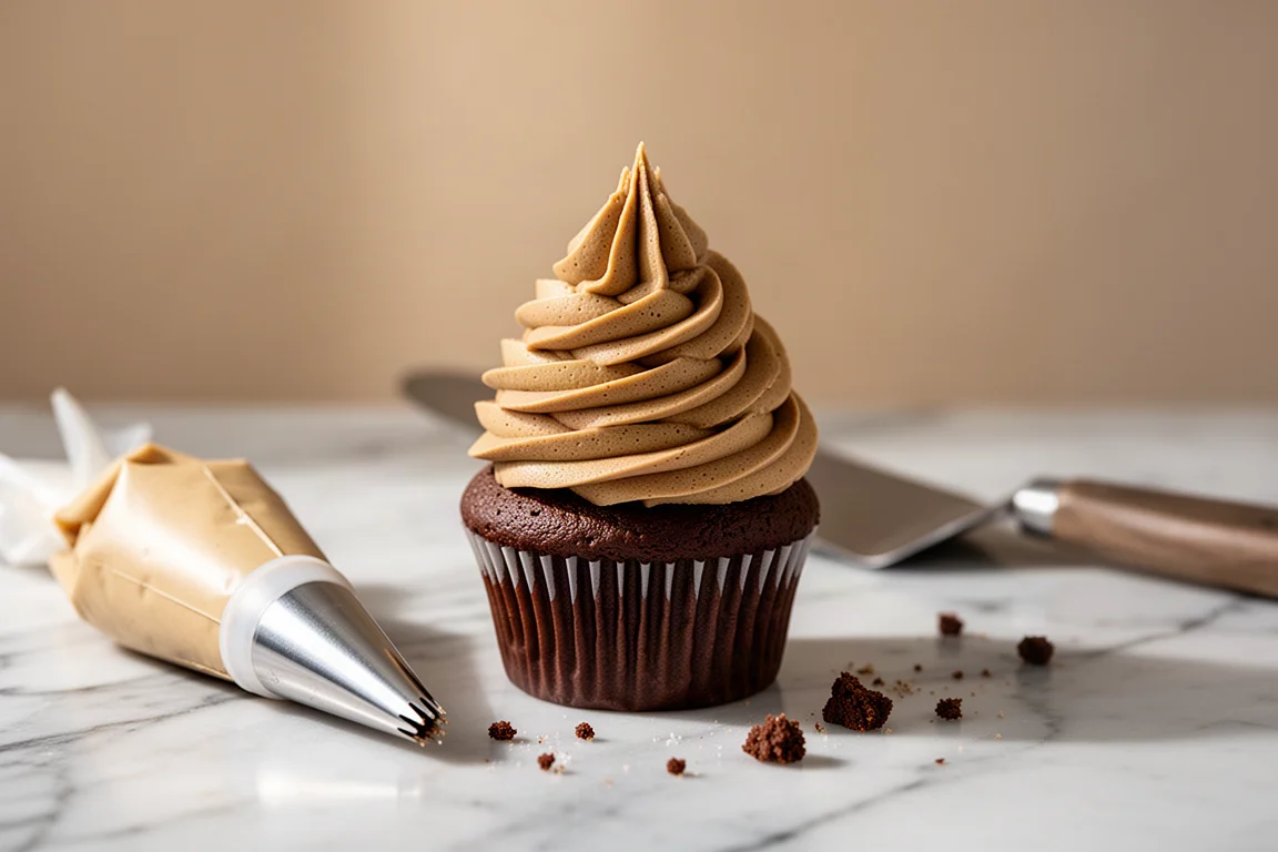 Frosted chocolate cupcake topped with coffee buttercream swirl