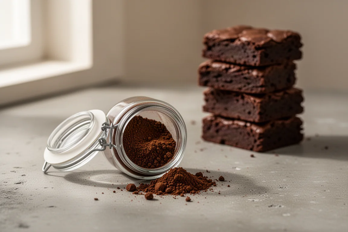 Open jar of espresso powder beside chocolate brownies on a concrete surface
