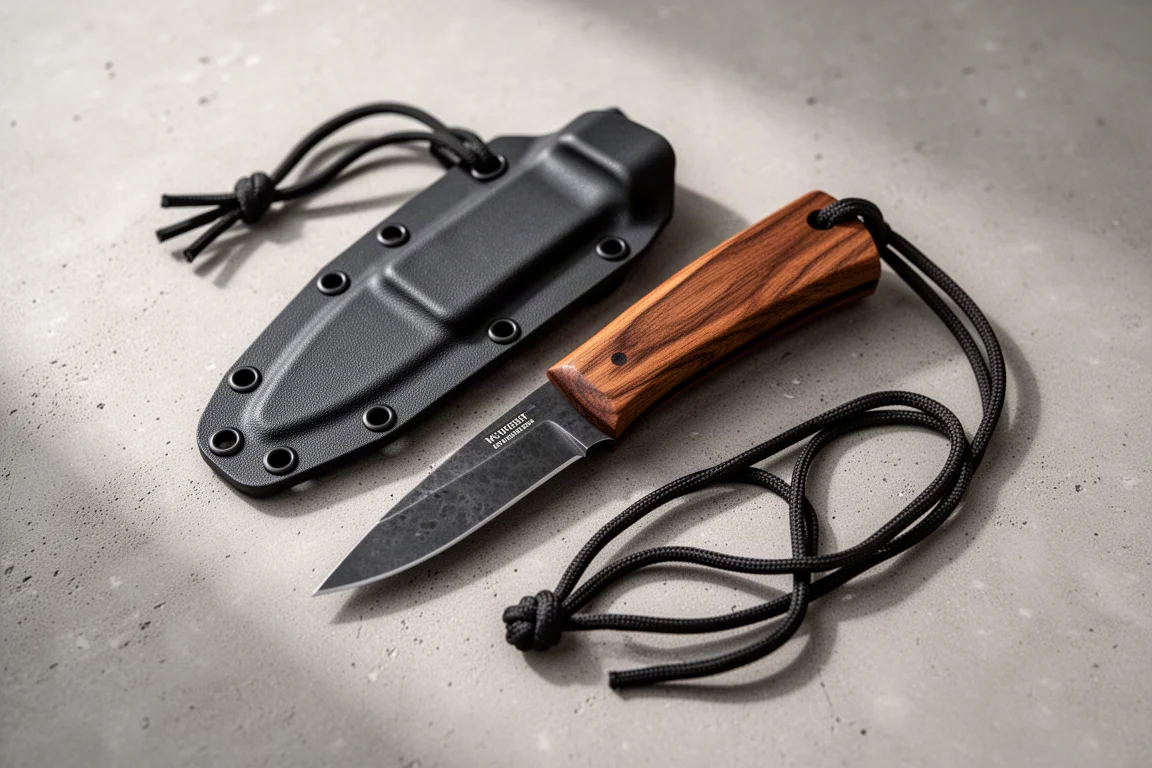 Coltello a lama fissa con manico in legno appoggiato accanto al suo fodero in Kydex