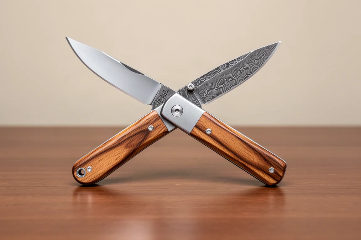 Coltello pieghevole dal profilo sottile con manico in legno, aperto su una scrivania