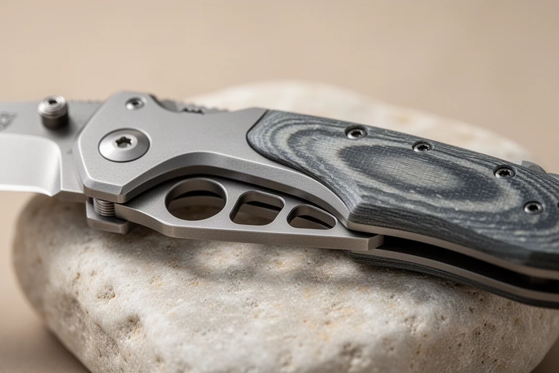 Coltello pieghevole con manico in micarta e telaio in acciaio lavorato su superficie di pietra
