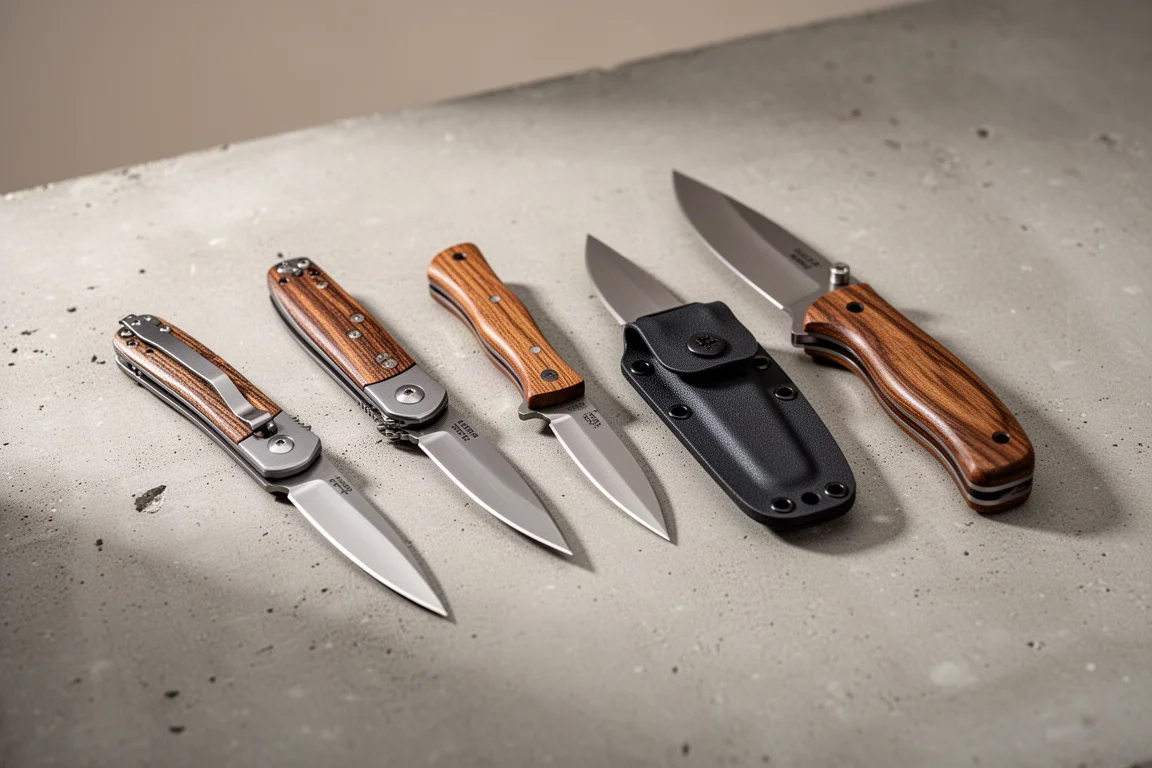 Four pocket knives with wooden and micarta handles arranged on a concrete surface