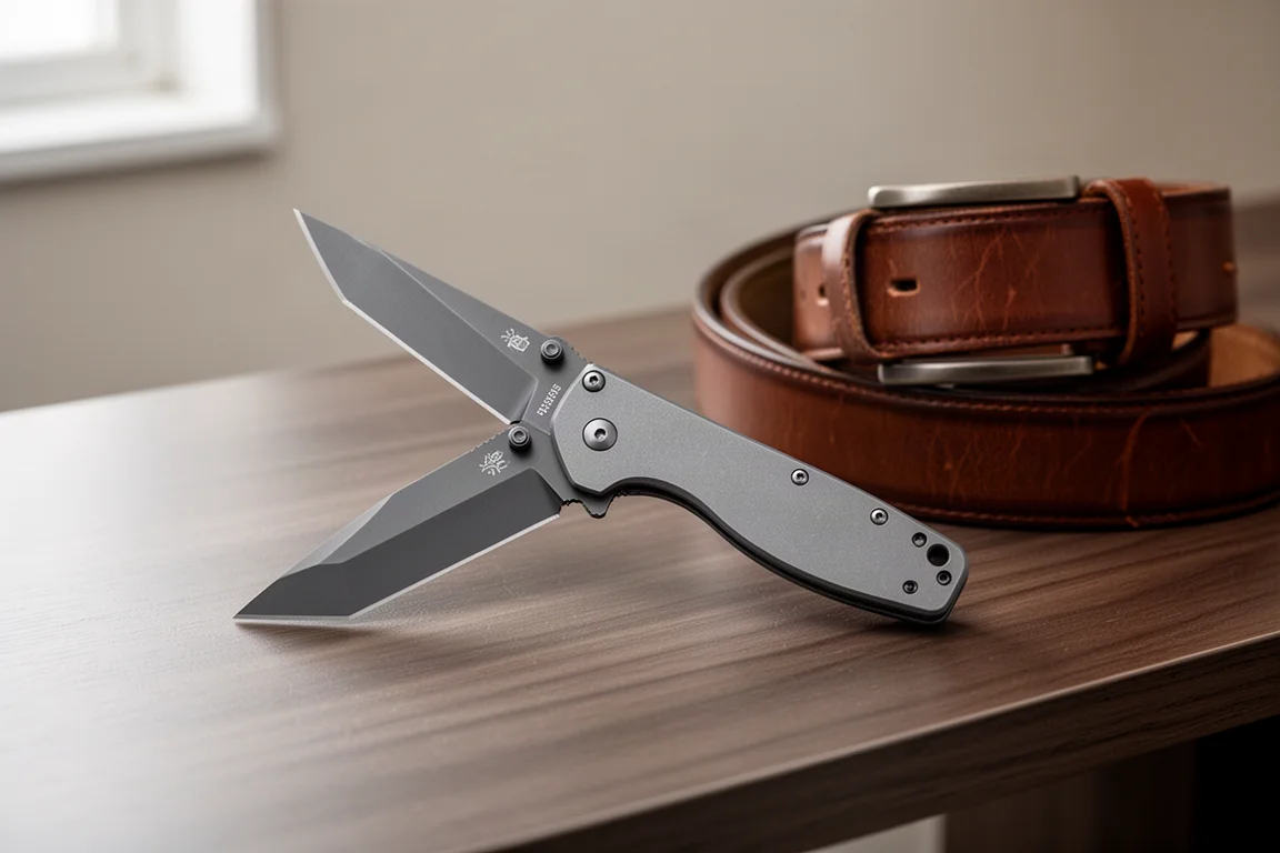Open folding knife with reverse tanto blade resting on a wooden desk