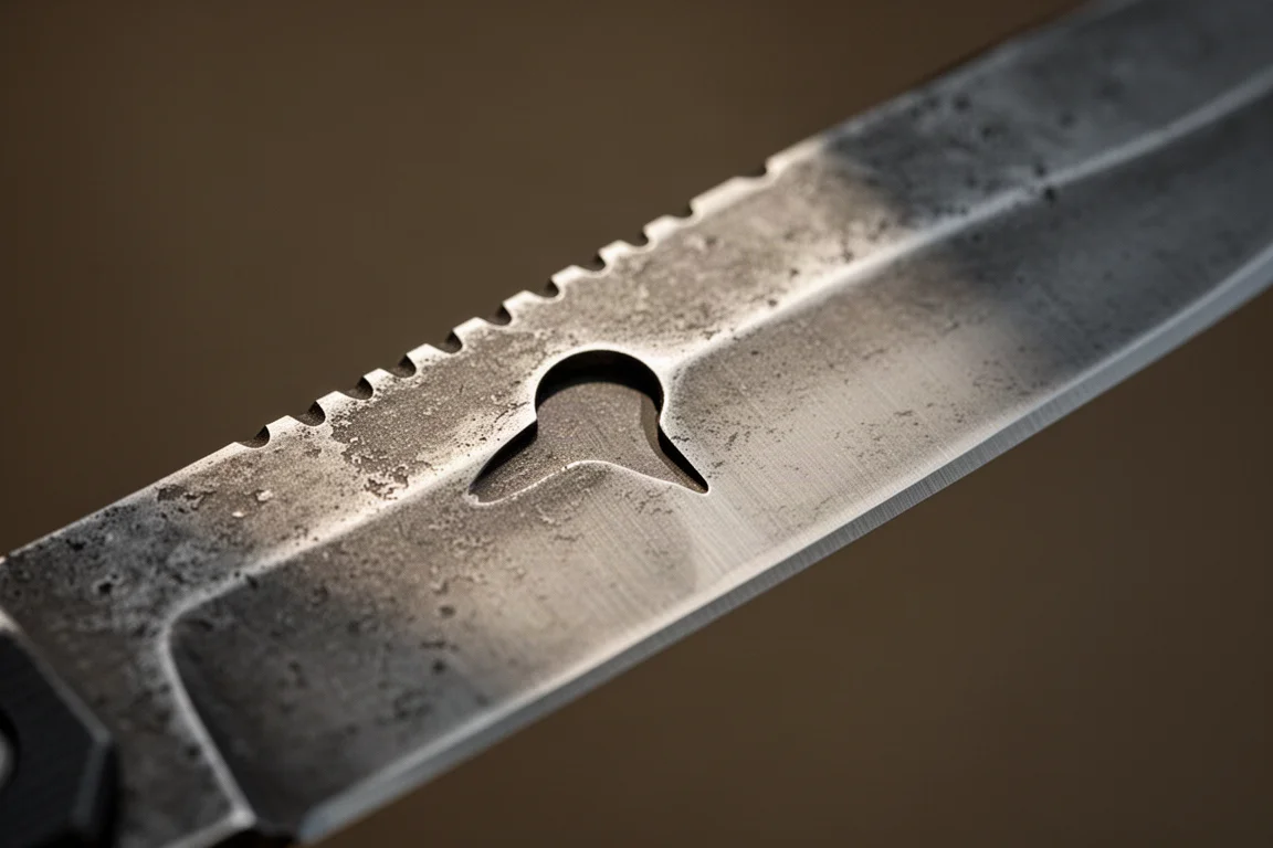 Close-up of a folding knife blade showing a small hook-shaped cutout in the edge