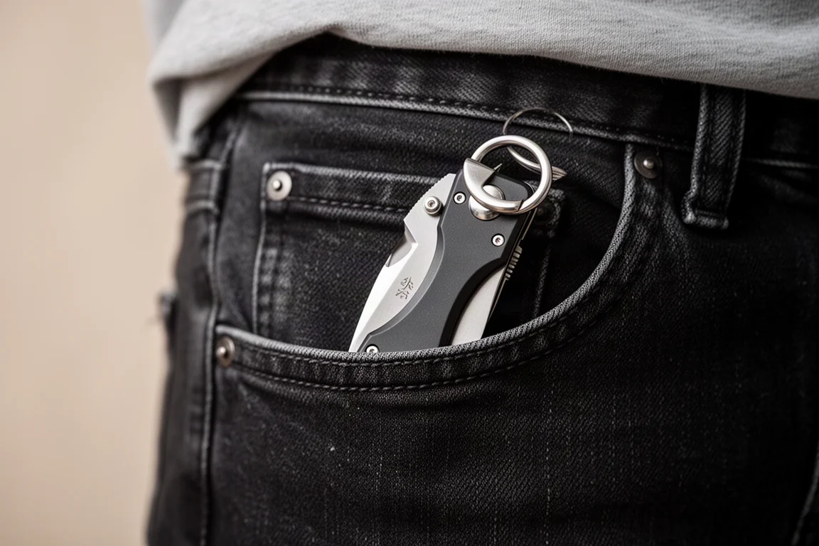 Folding knife clipped inside a jeans pocket with the ring visible