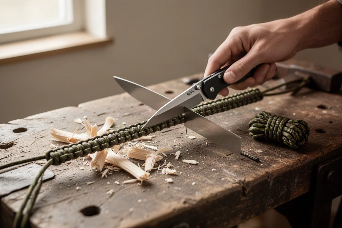 Utility work in progress with a knife cutting cord on a workbench
