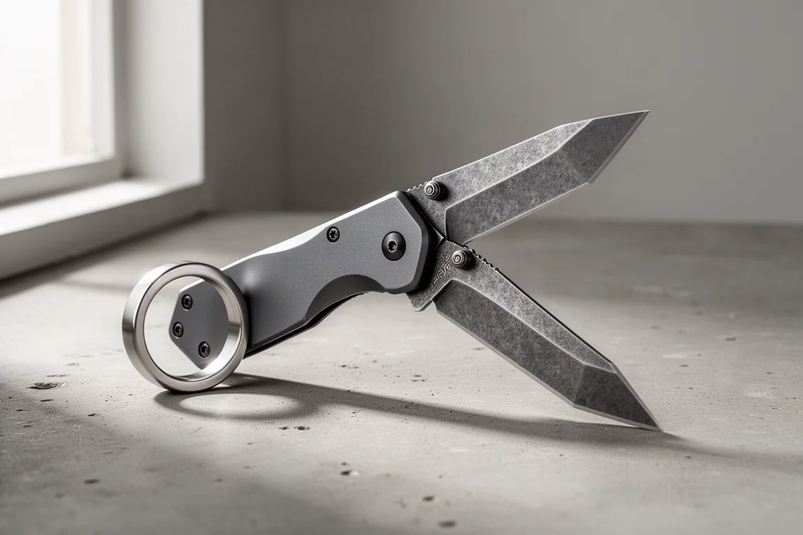 Civivi Amarok folding knife open on a concrete surface showing reverse tanto blade and finger ring