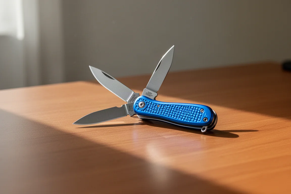 Small folding knife lying open on a wooden desk in soft window light