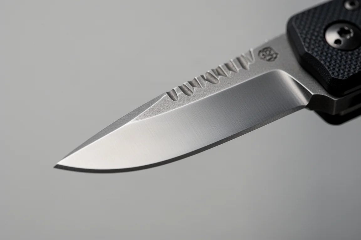 Close-up of a knife blade spine with jimping and sharp edge detail