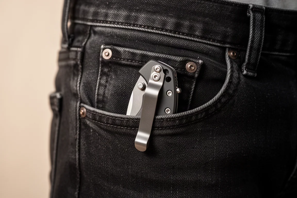 Folding knife clipped inside a jeans pocket showing deep carry ride height