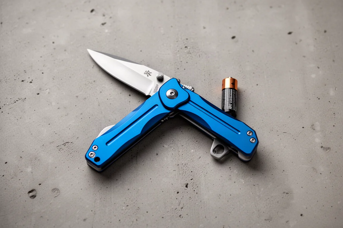 Small folding knife next to an AA battery for scale on a concrete surface