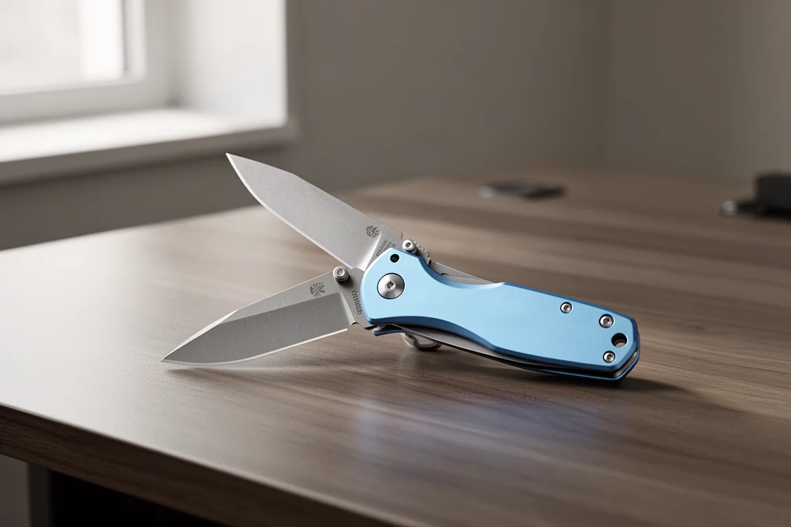 Small folding knife with blue aluminum handles partially open on a wooden desk