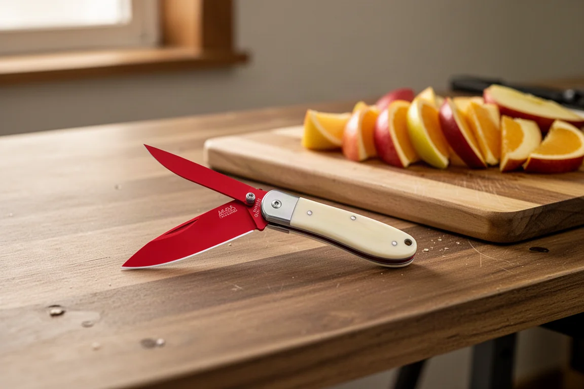 Couteau pliant rouge et ivoire ouvert sur un établi en bois à côté d'une planche à découper