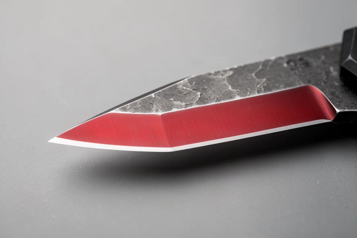 Gros plan d'une lame de couteau au profil drop point à affûtage plat sur une surface neutre