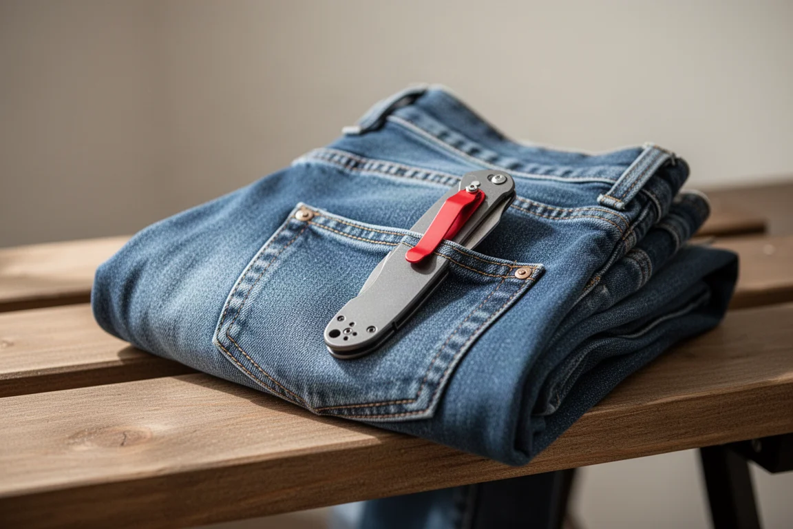 Couteau de poche glissé dans la poche d'un jean plié posé sur un banc