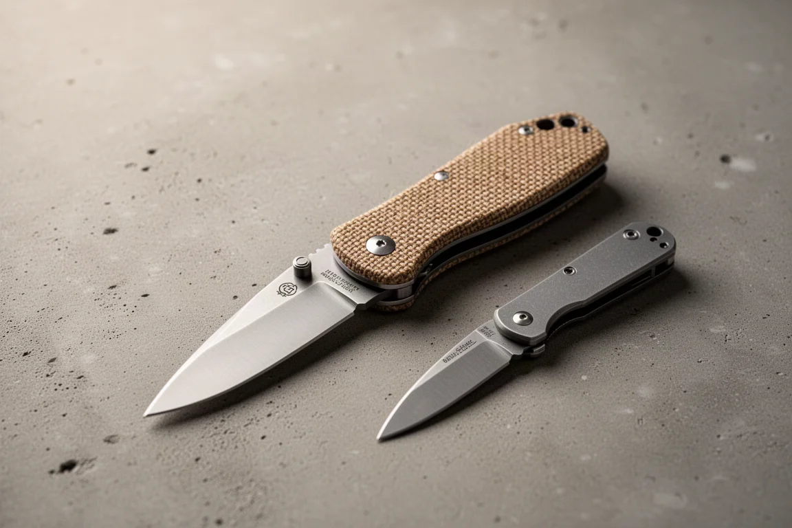 Small folding pocket knife open on a desk beside a folded pocket clip view