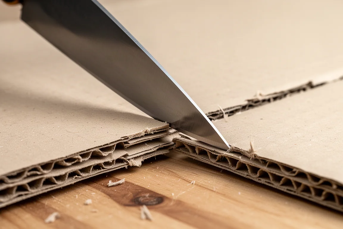 Knife tip slicing cleanly into thick cardboard under soft light