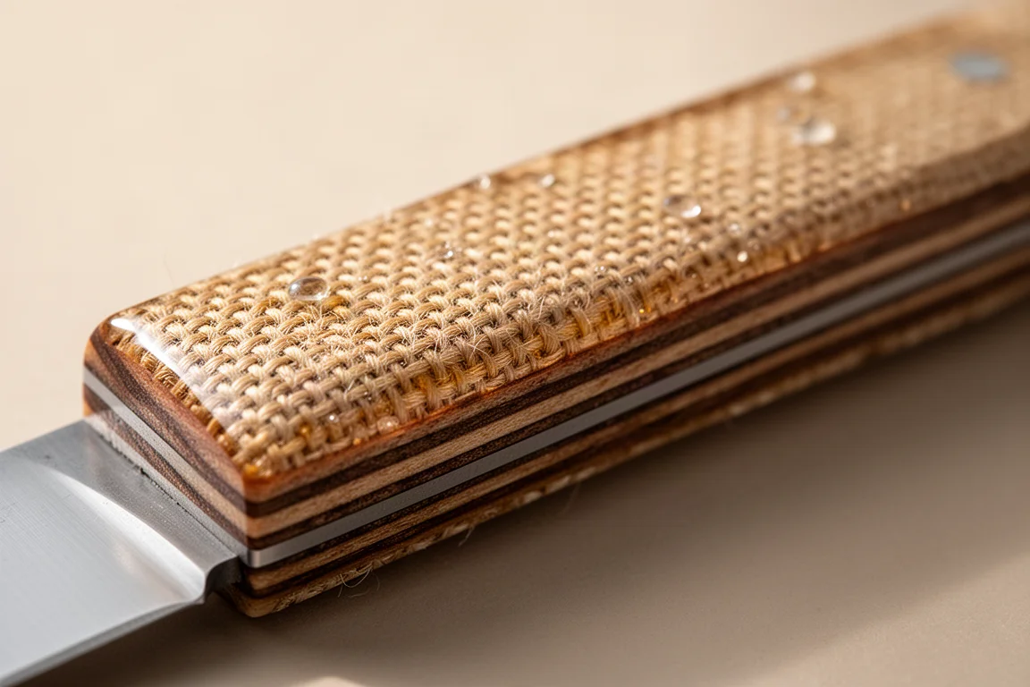 Close-up of textured burlap Micarta handle material in warm light